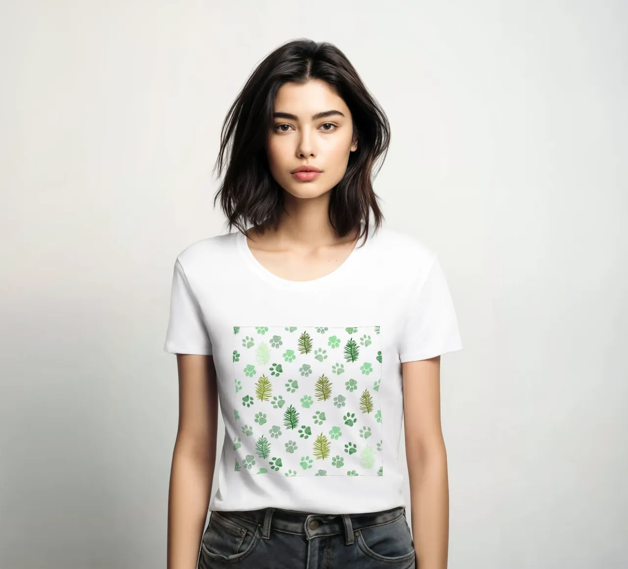 Foglie tropicali e impronte di zampe in tessuto senza cuciture t-shirt da donna da gulsengunel