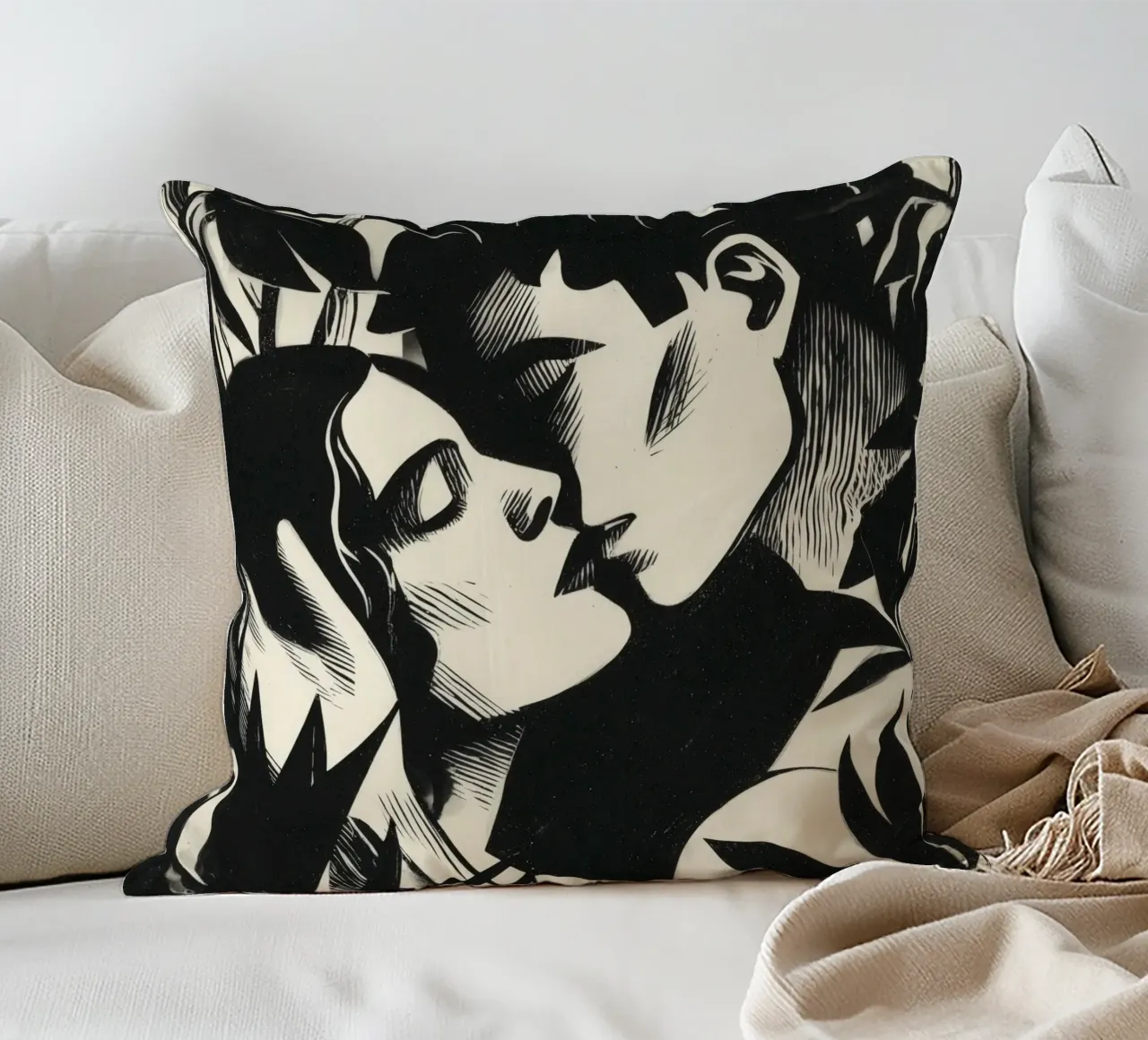 Bacio appassionato | Xilografia in bianco e nero cuscino da Autofocus