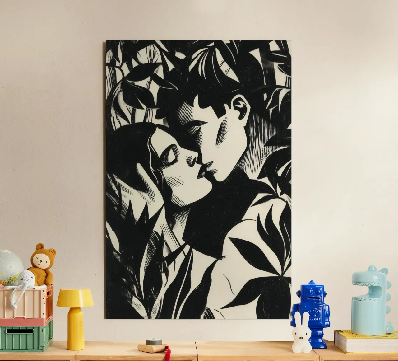 Bacio appassionato | Xilografia in bianco e nero alluminio dibond da Autofocus