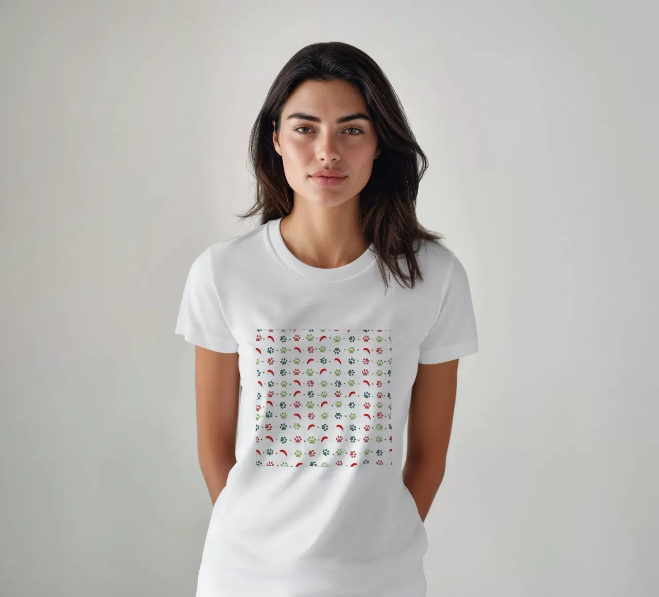 Design scandi verde, zampe rosse con cappelli di Babbo Natale t-shirt da gulsengunel