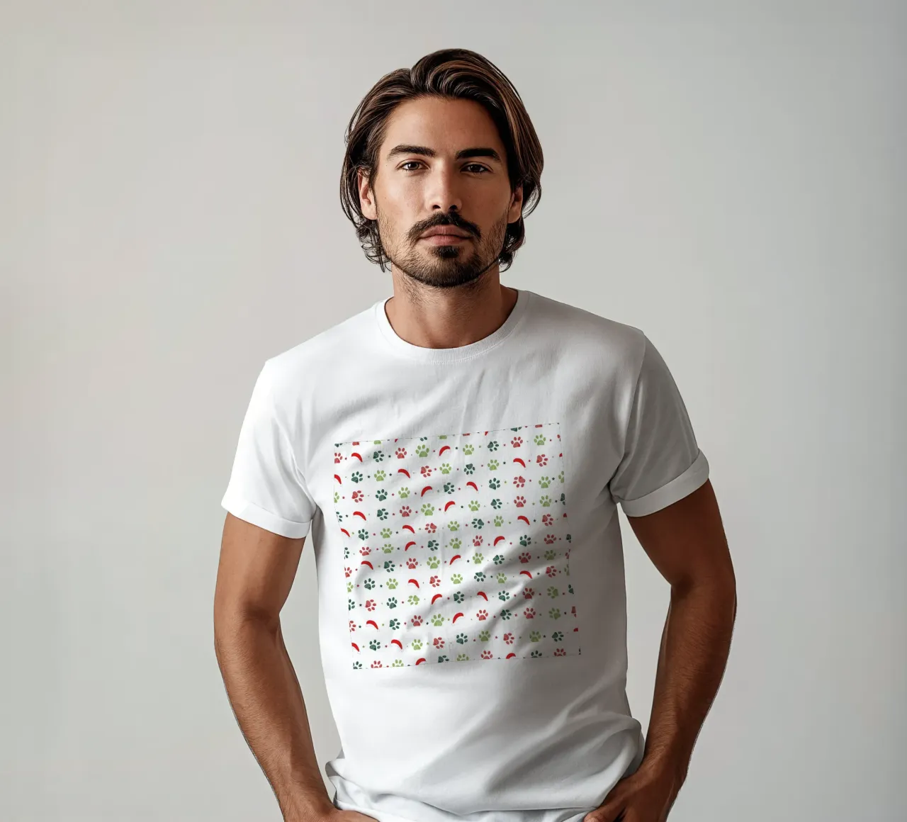 Design scandi verde, zampe rosse con cappelli di Babbo Natale t-shirt da gulsengunel