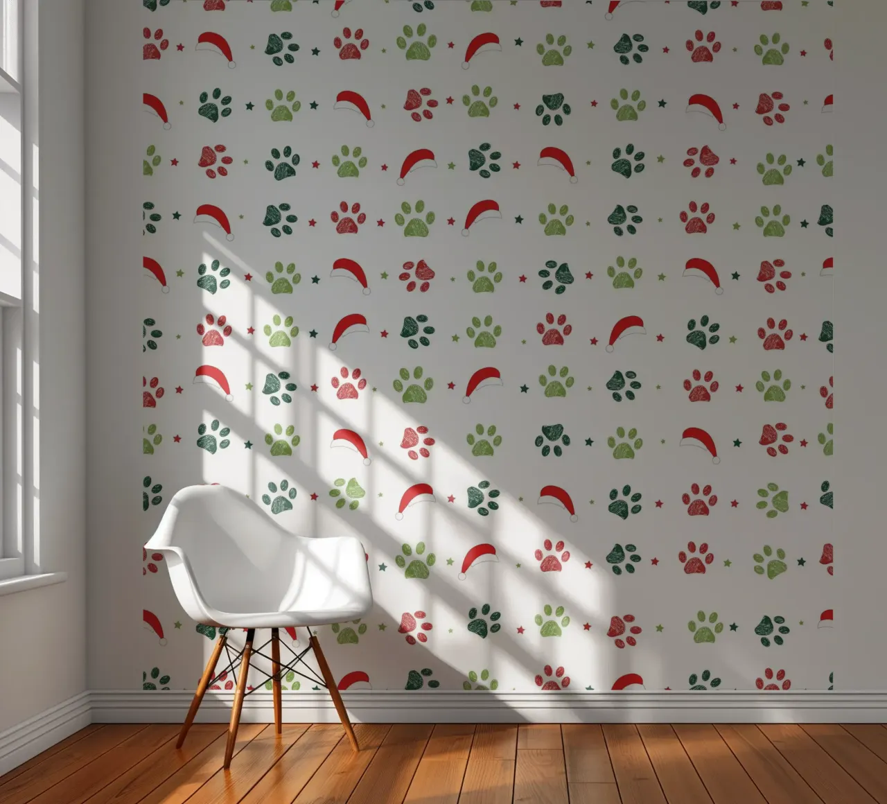 Scandi design green, red paws with Santa Clause hats photo wallpaper by gulsengunel