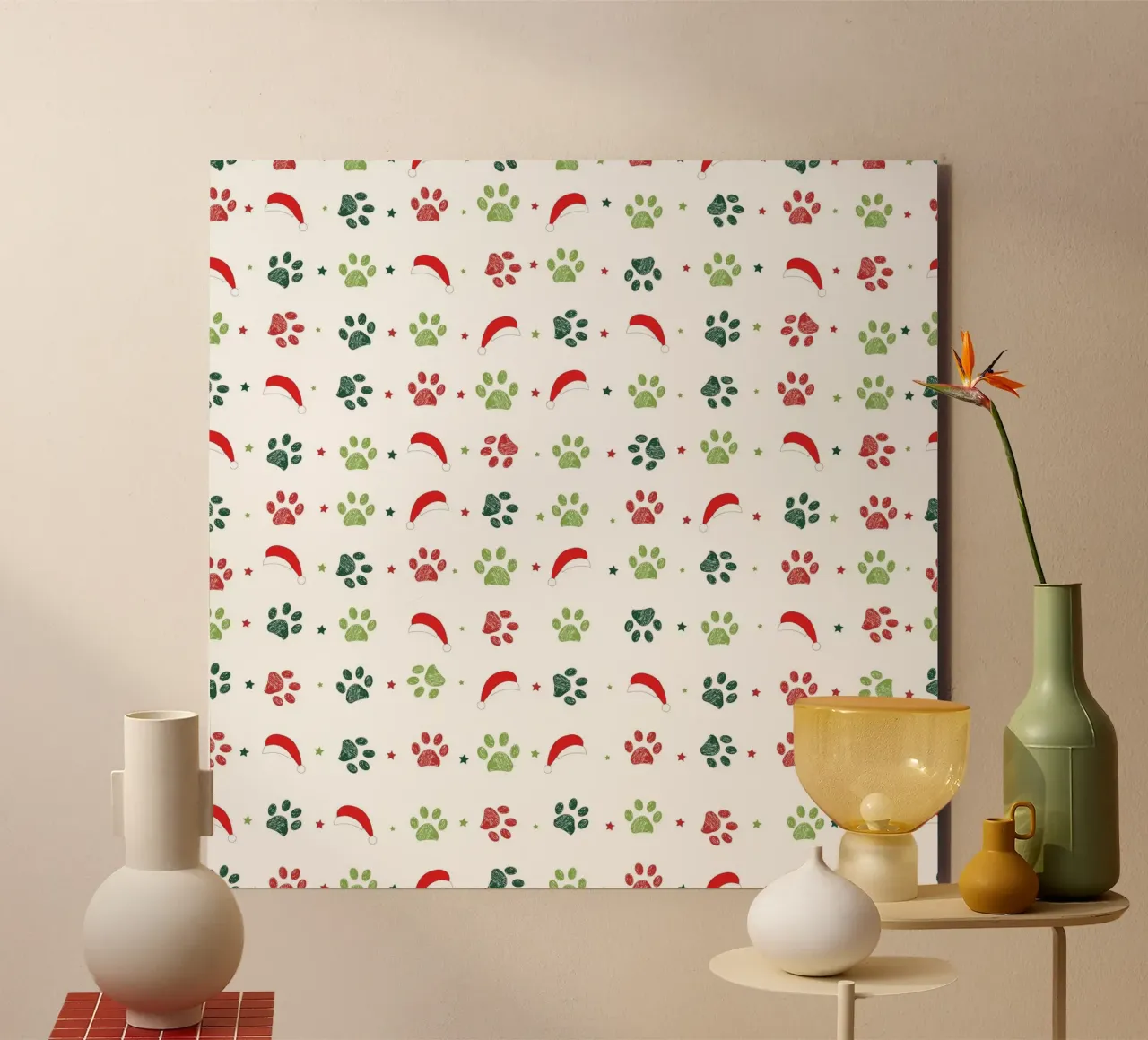 Design scandi verde, zampe rosse con cappelli di Babbo Natale alluminio dibond da gulsengunel