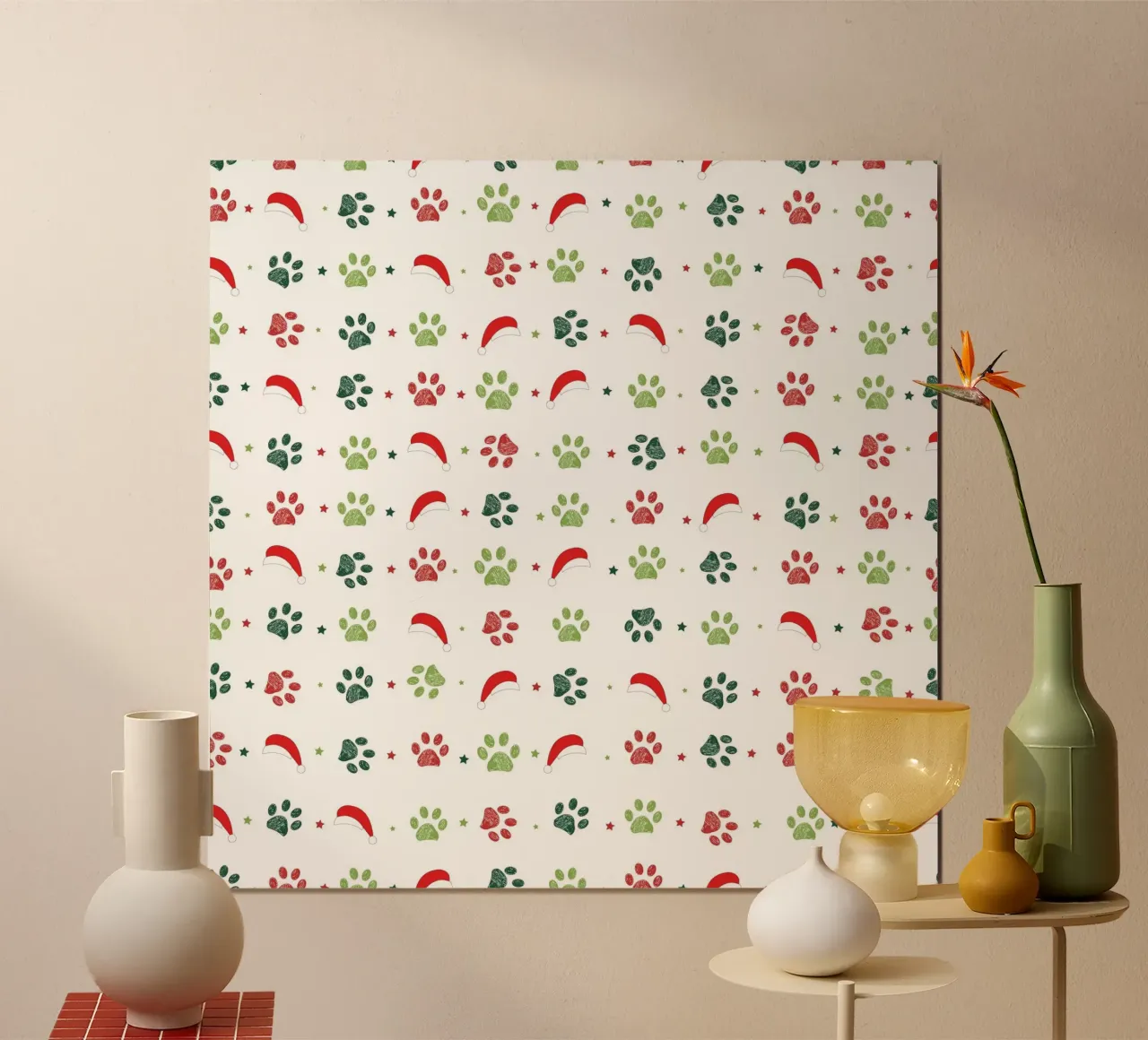 Design scandi verde, zampe rosse con cappelli di Babbo Natale carta hahnemühle da gulsengunel