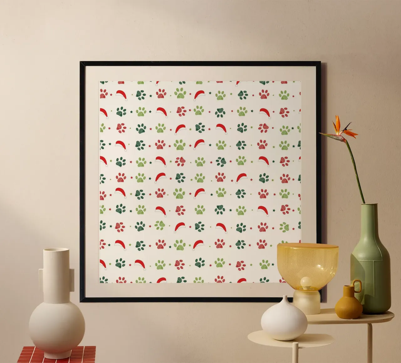Design scandi verde, zampe rosse con cappelli di Babbo Natale carta hahnemühle da gulsengunel