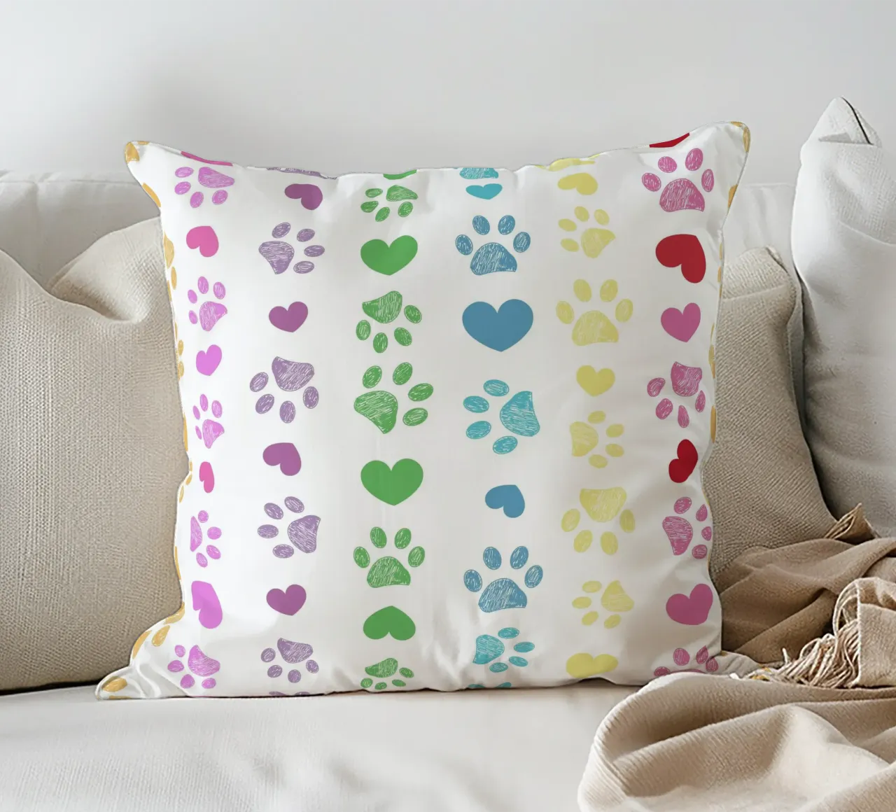 Soft rainbow seamless paw print pattern decorative cushion by gulsengunel