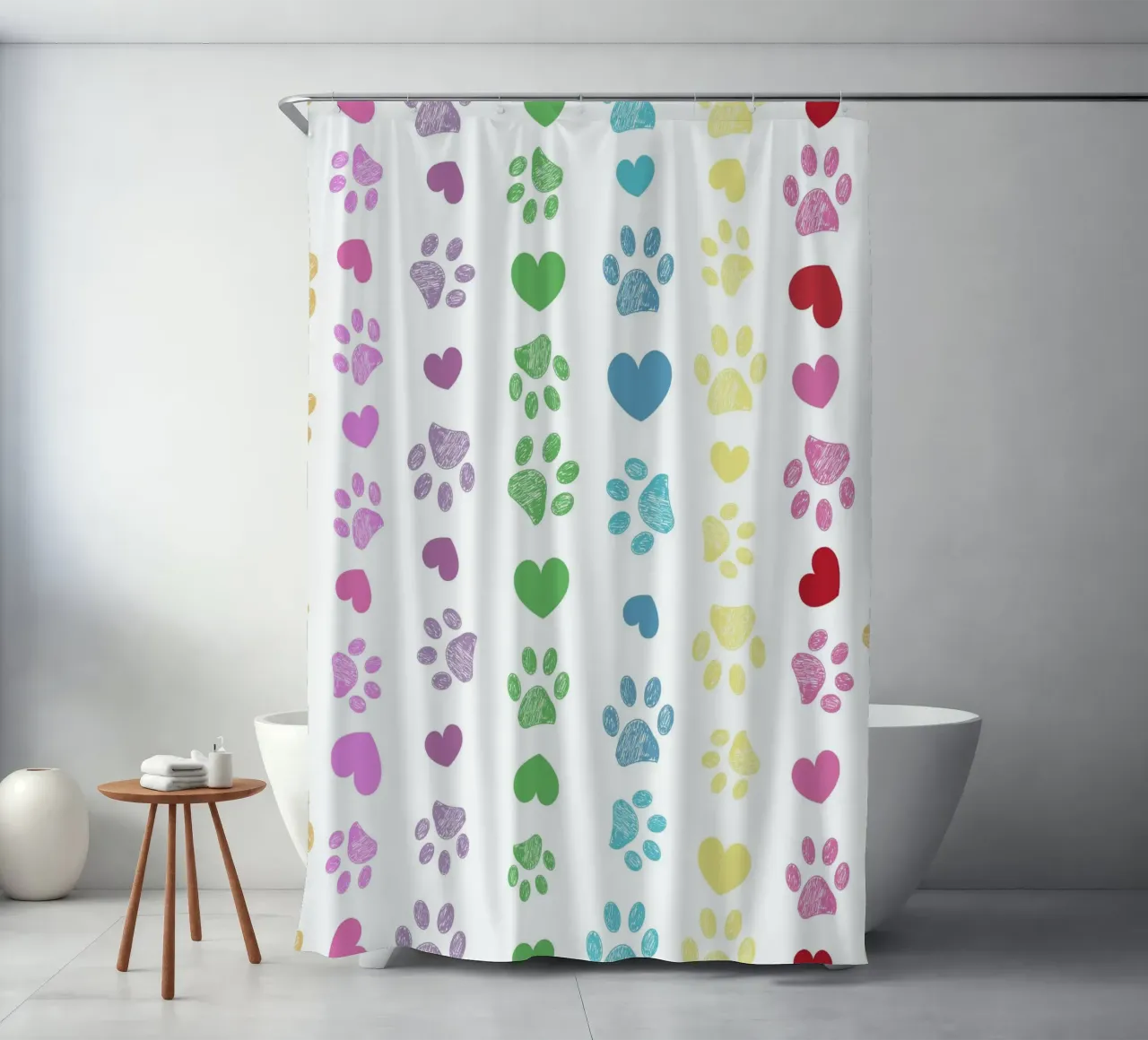 Soft rainbow seamless paw print pattern shower curtain by gulsengunel