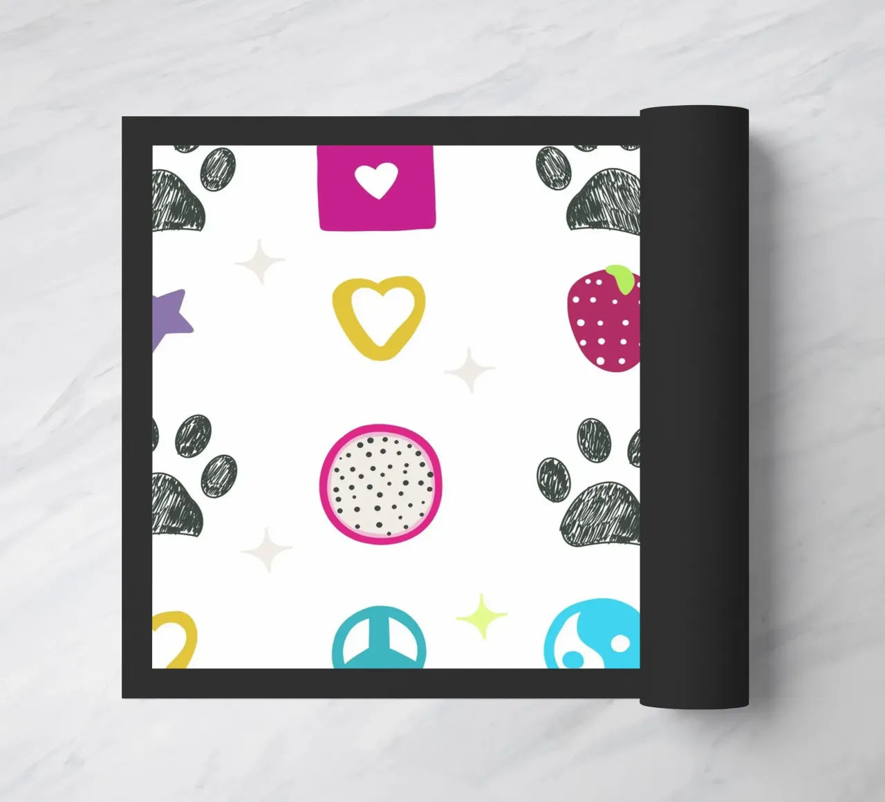 Funny 2000s symbols and paw prints pop culture print doormat by gulsengunel