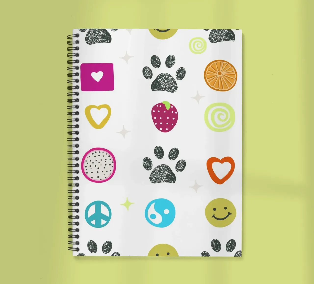 Funny 2000s symbols and paw prints pop culture print spiral notebook by gulsengunel