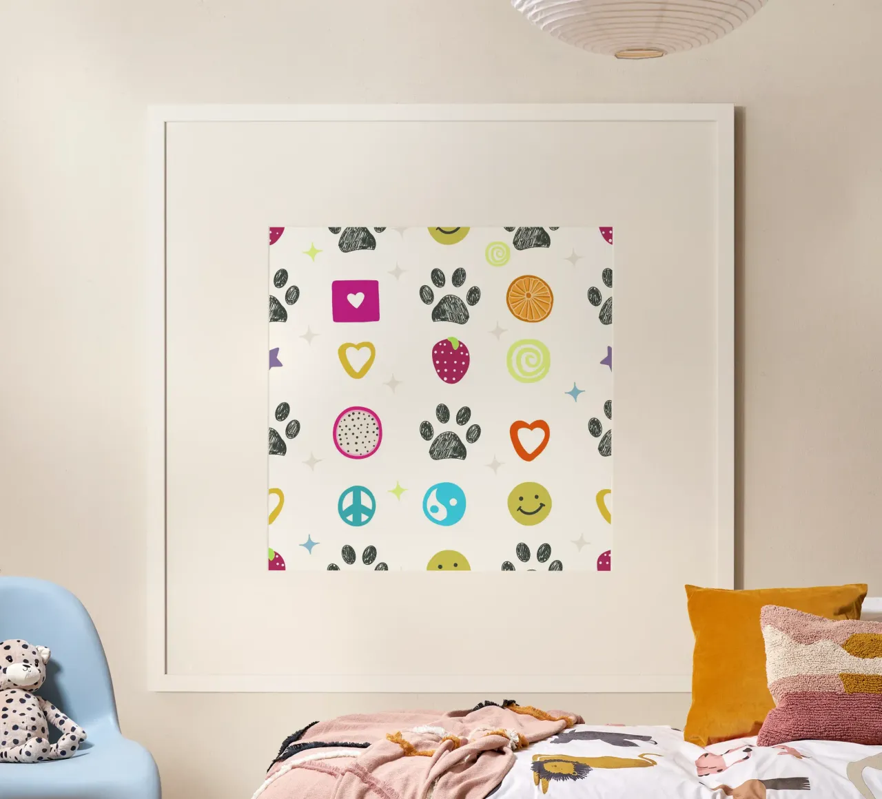 Funny 2000s symbols and paw prints pop culture print poster with aluminum frame by gulsengunel