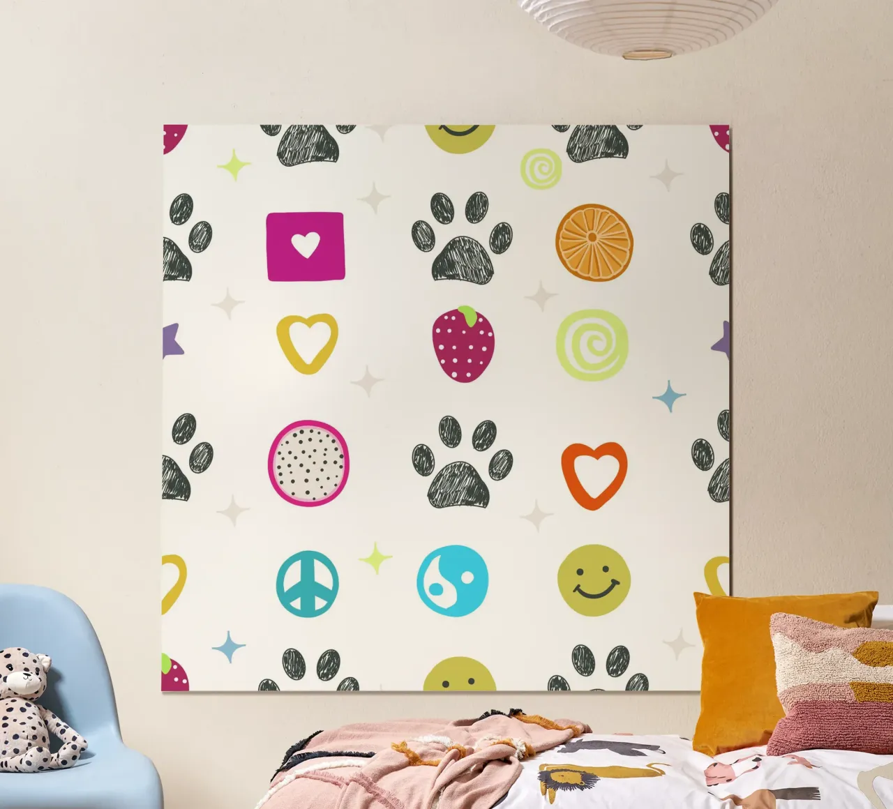 Funny 2000s symbols and paw prints pop culture print poster with aluminum frame by gulsengunel
