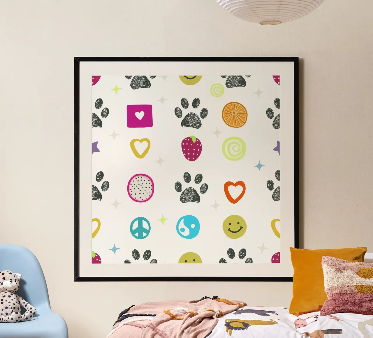 Funny 2000s symbols and paw prints pop culture print poster with aluminum frame by gulsengunel