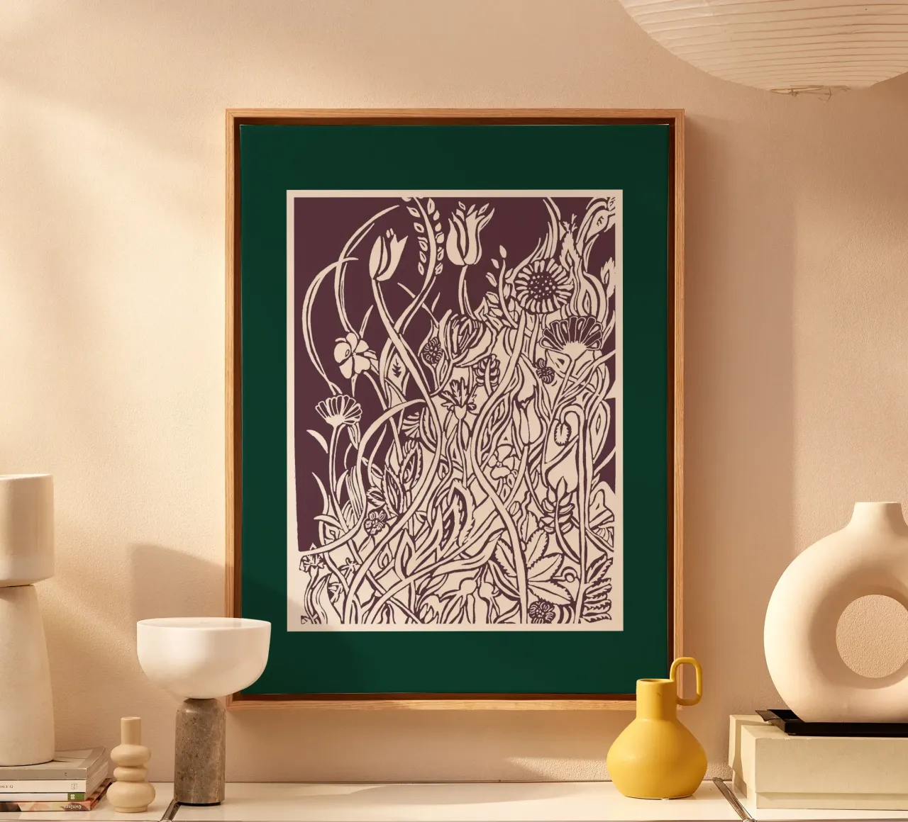 Bloemenweide in silhouet tegen een donkergroene achtergrond canvas met Baklijst van PaperLine Art