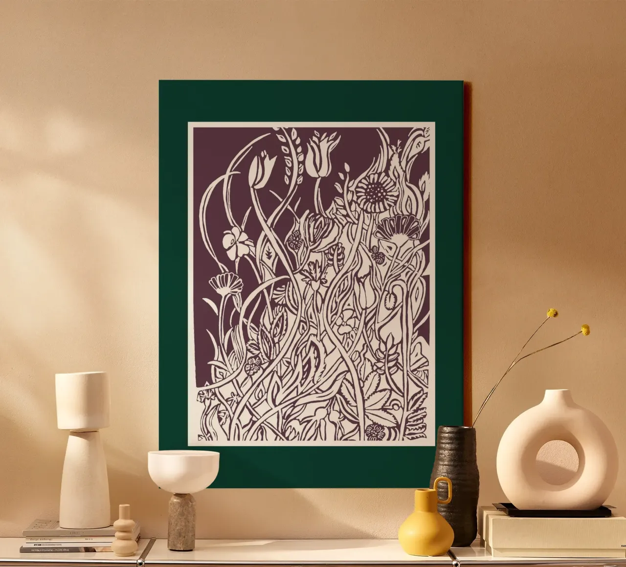 Bloemenweide in silhouet tegen een donkergroene achtergrond canvas met Baklijst van PaperLine Art