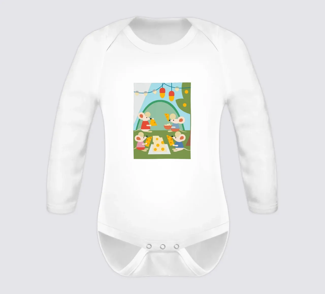 Mouse Eats Cheese long-sleeve baby romper by CUTE ANIMALS