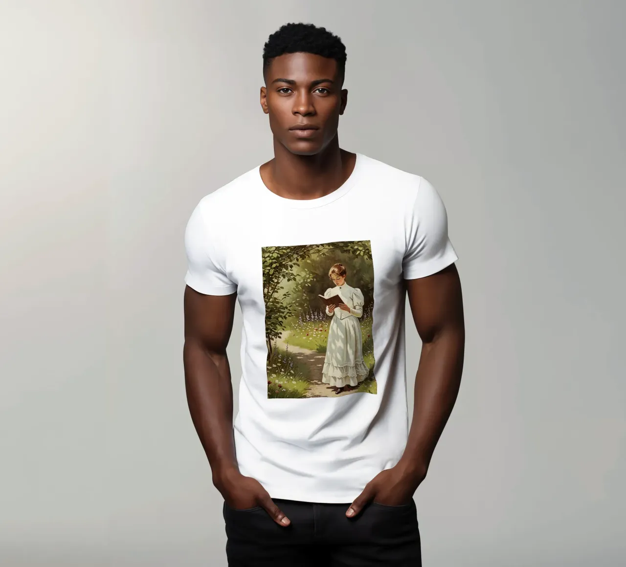 Victorian Lady Reading in a Garden Path, Romantic Vintage t-shirt by Hecate Pim Designs