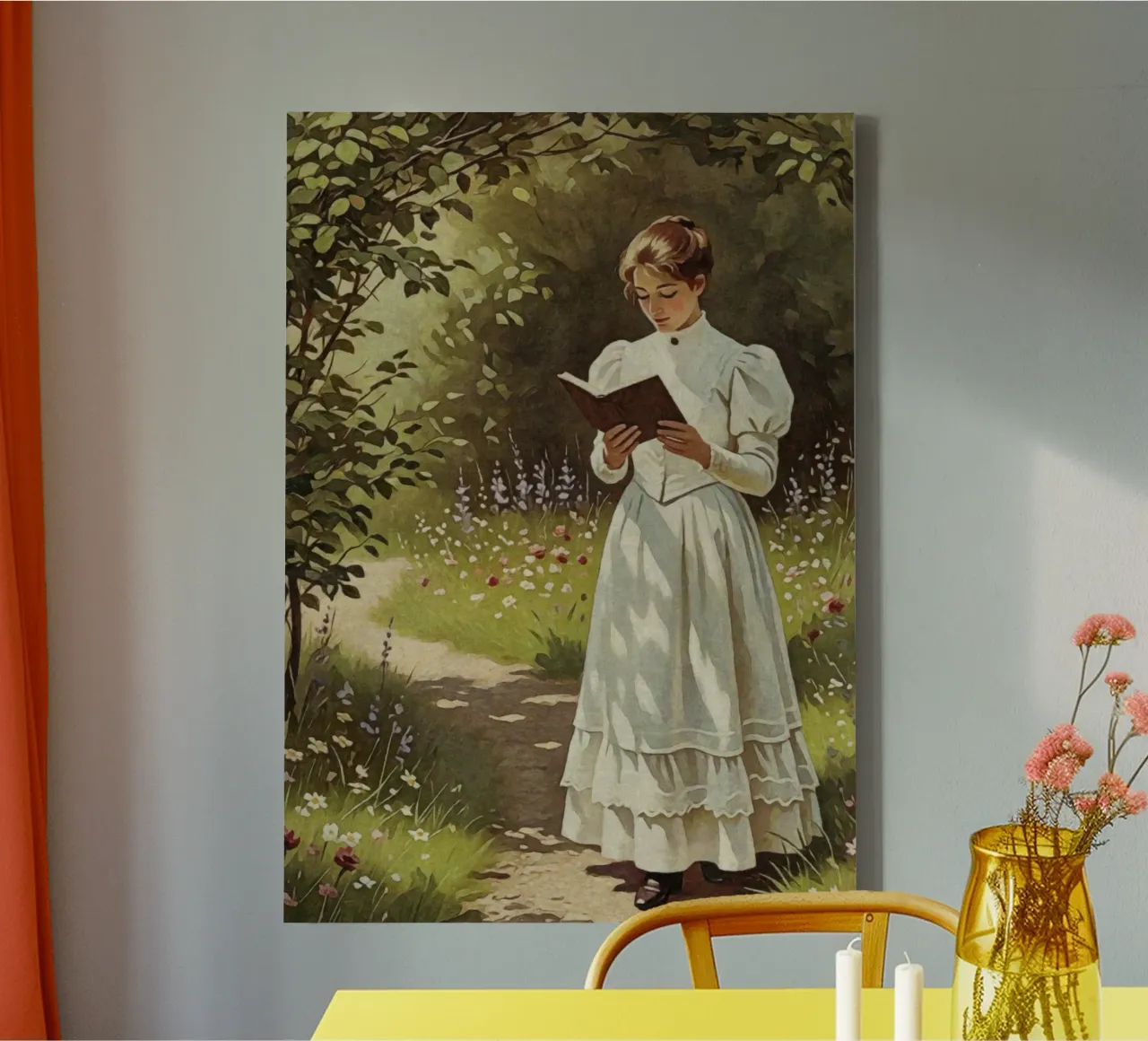 Victorian Lady Reading in a Garden Path, Romantic Vintage canvas by Hecate Pim Designs