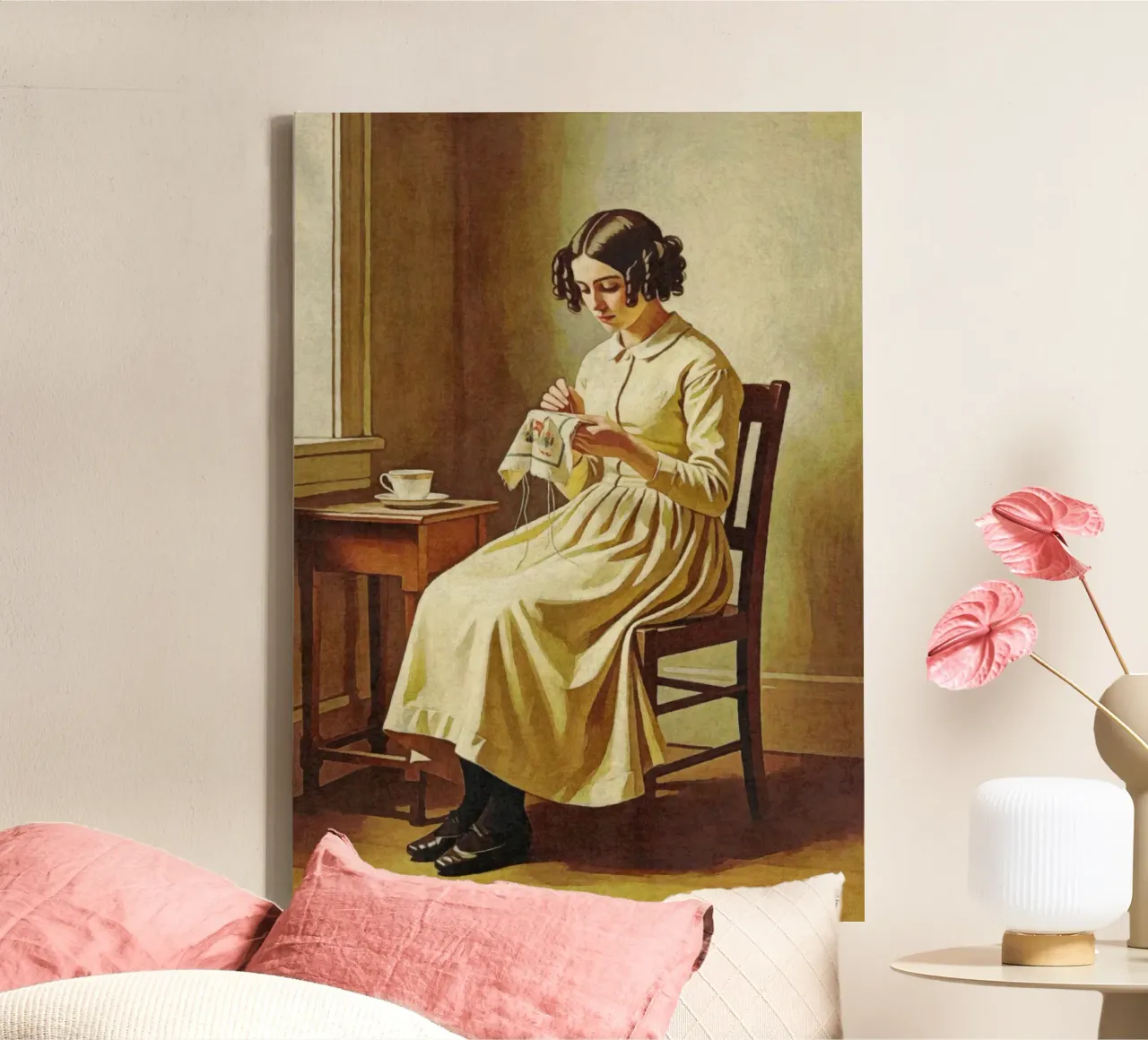 Victorian Lady Embroidering by the Window Vintage Portrait canvas by Hecate Pim Designs