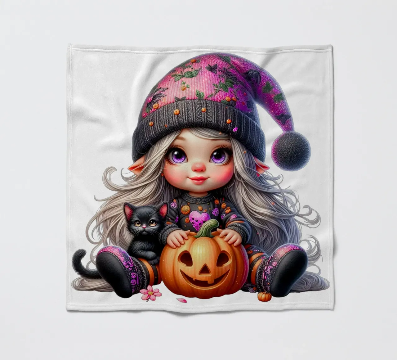 Ragazza gnomo con zucca e gatto nero coperta in pile da Whiskers & Ink Kreations
