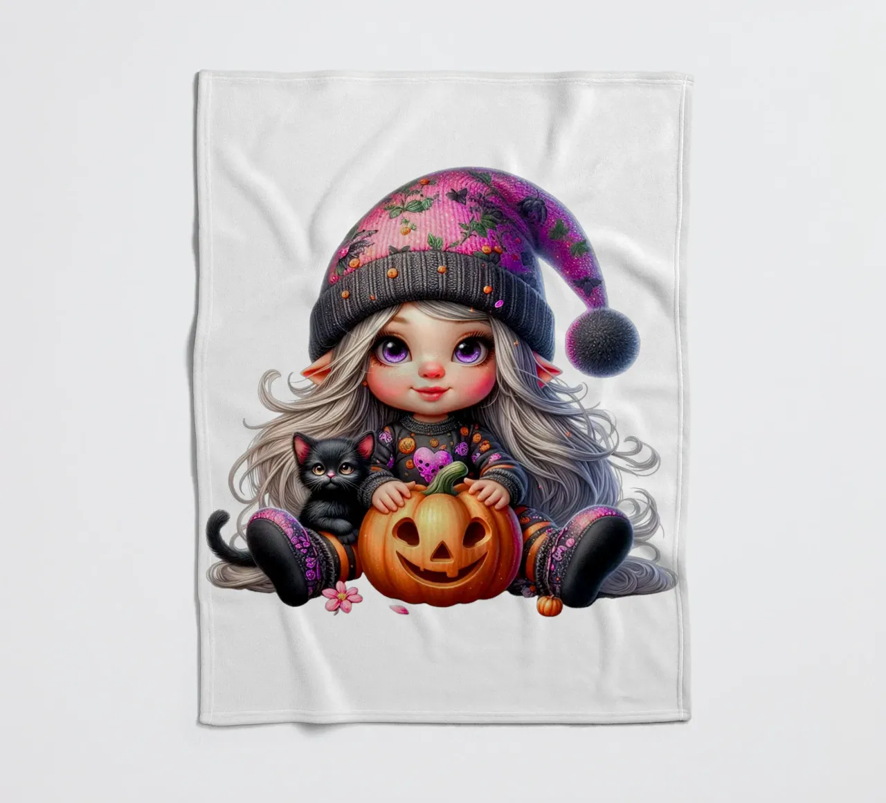 Ragazza gnomo con zucca e gatto nero coperta in pile da Whiskers & Ink Kreations