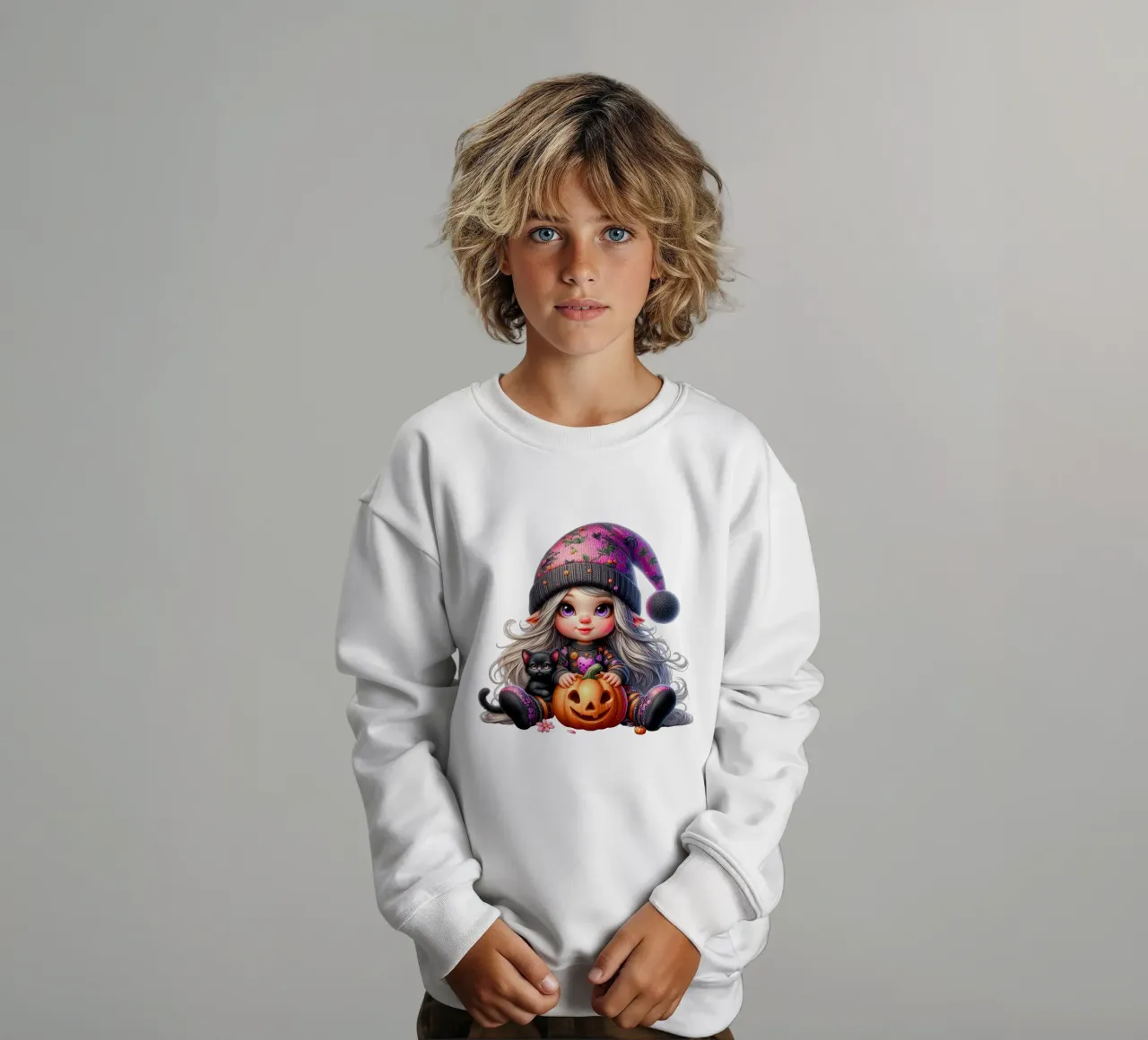 Ragazza gnomo con zucca e gatto nero felpa bambino da Whiskers & Ink Kreations