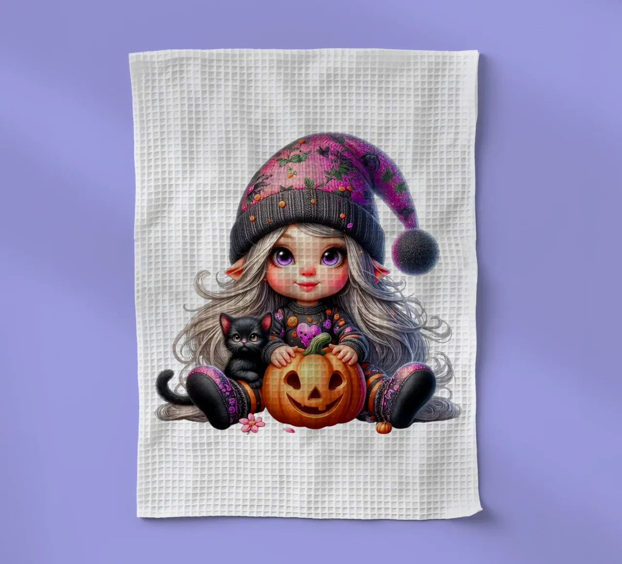 Ragazza gnomo con zucca e gatto nero canovaccio da cucina da Whiskers & Ink Kreations