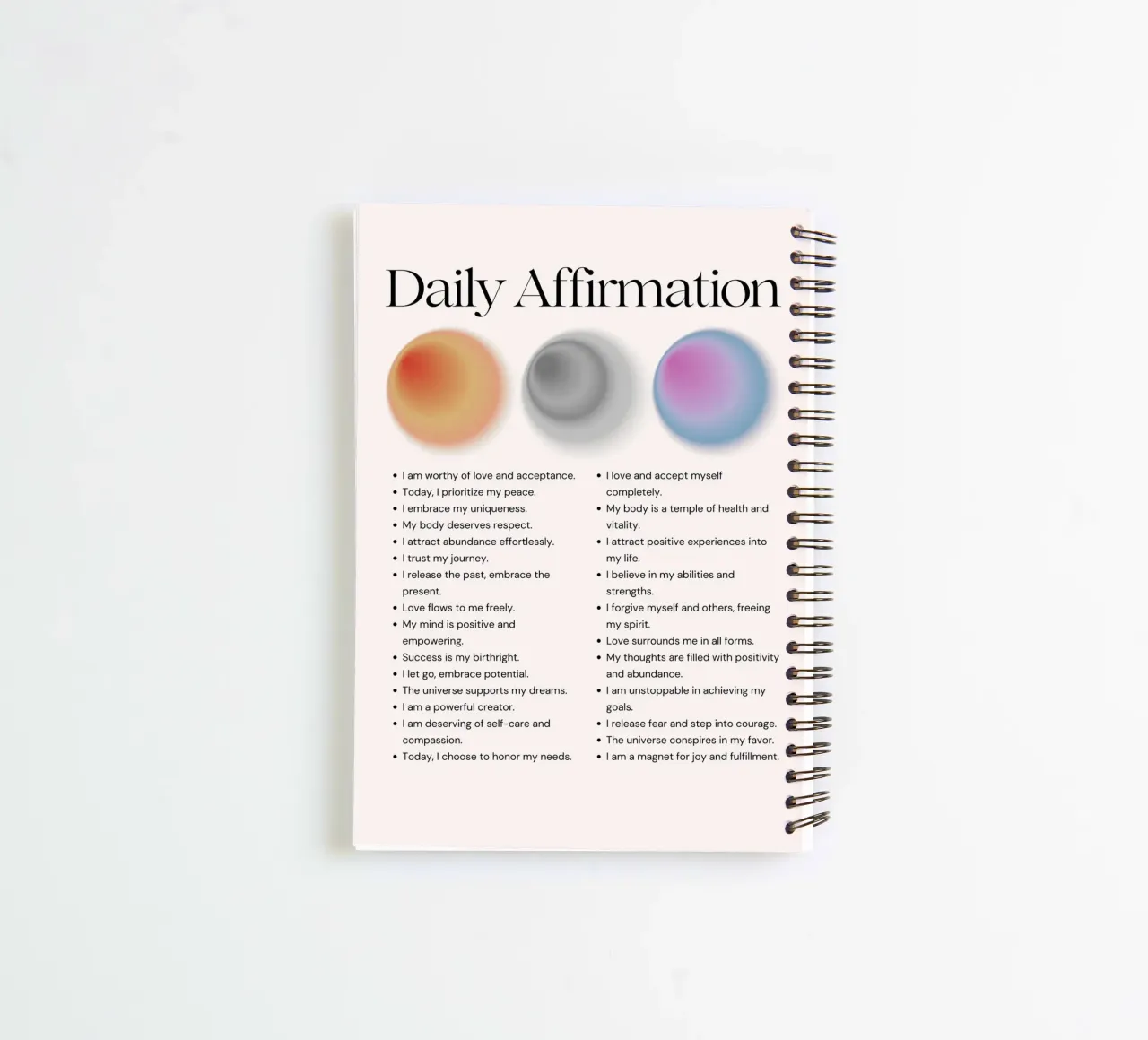 Daily Affirmation - Gradient Orb Wellness Print spiral notebook by NorwesClub