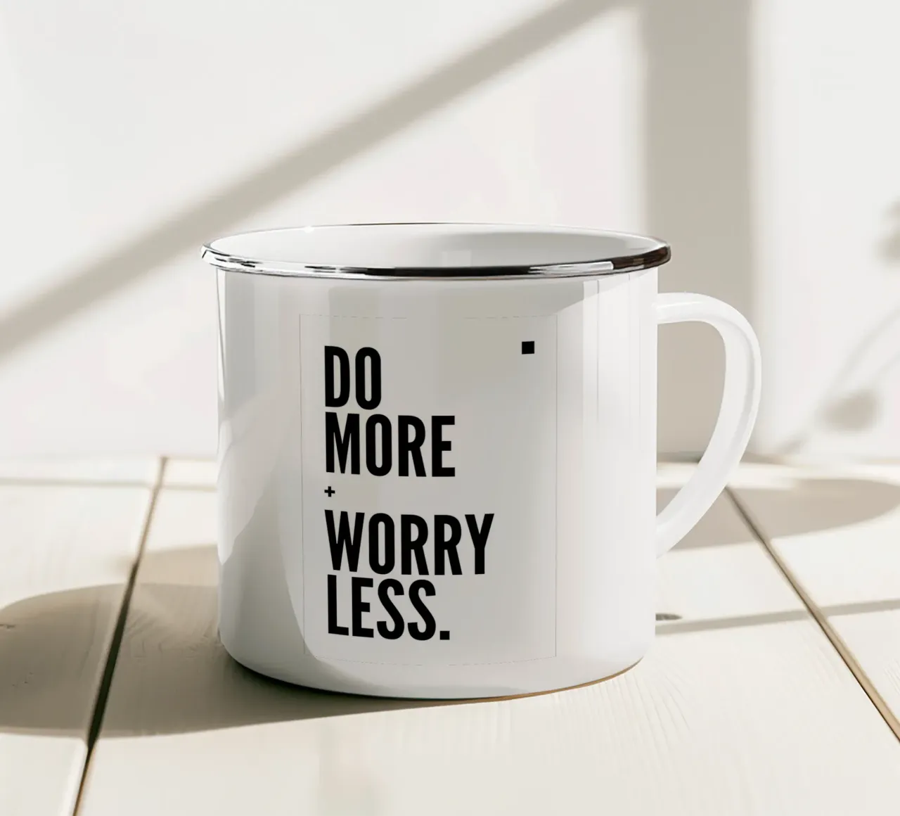 Do More Worry Less - Bold Minimalist Typography Print enamel mug by NorwesClub