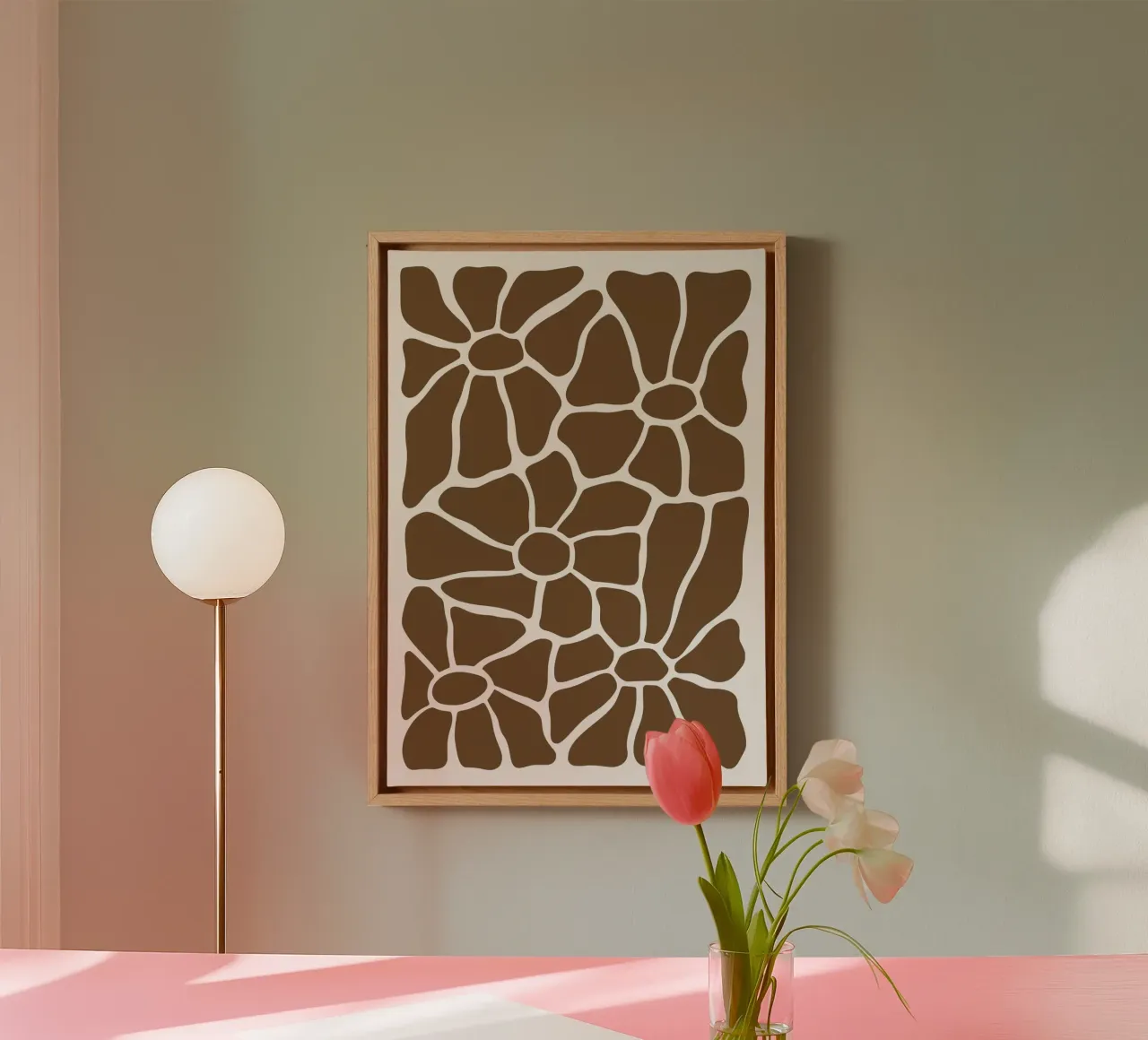 Abstracte bruine bloemen - organische rasterbloemenprint canvas met Baklijst van NorwesClub