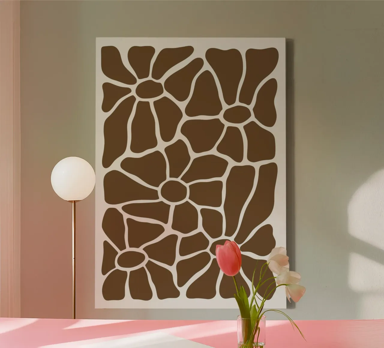 Abstracte bruine bloemen - organische rasterbloemenprint canvas met Baklijst van NorwesClub