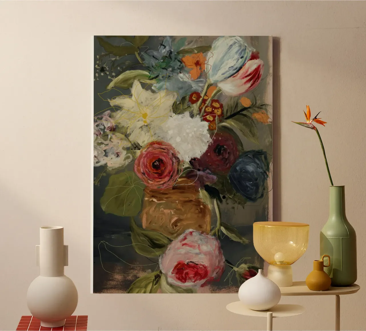 Still Life with Flowers - After Anthony Oberman Leinwand mit Schattenfugenrahmen von Leigh Viner