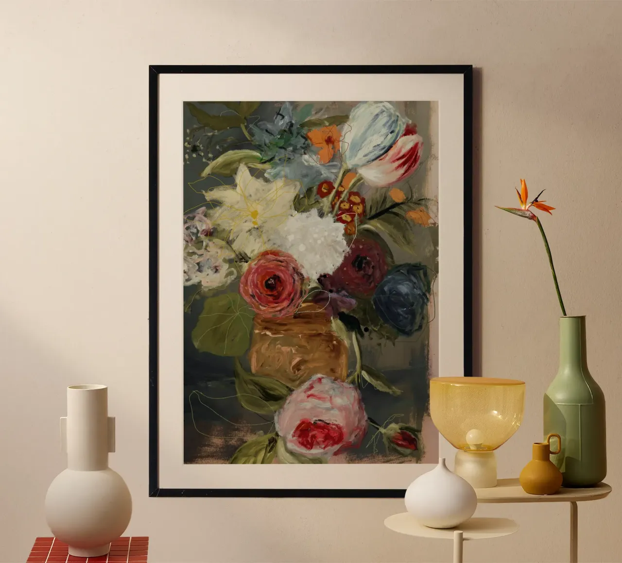 Still Life with Flowers - After Anthony Oberman poster con telaio in legno da Leigh Viner