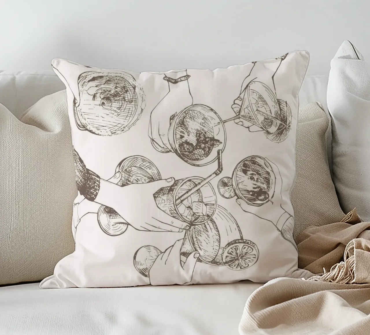 Cheers Sketch Art Print - Cocktail Party Celebration Wall A decorative cushion by NorwesClub