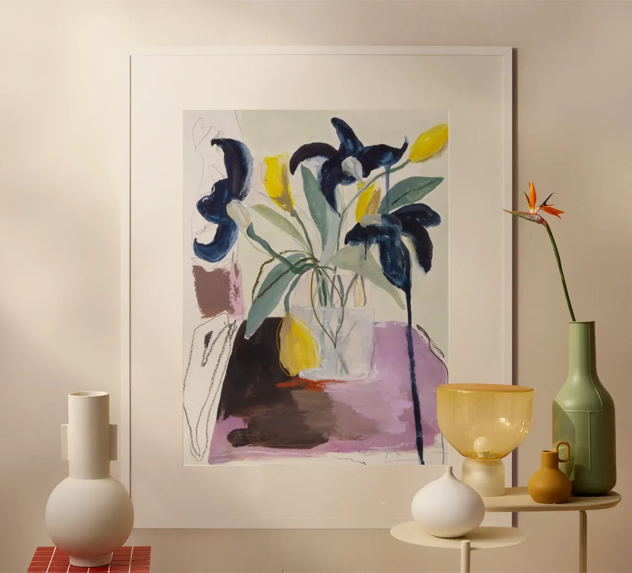 Still Life - Blue Iris and daffodils poster with plastic frame by Leigh Viner