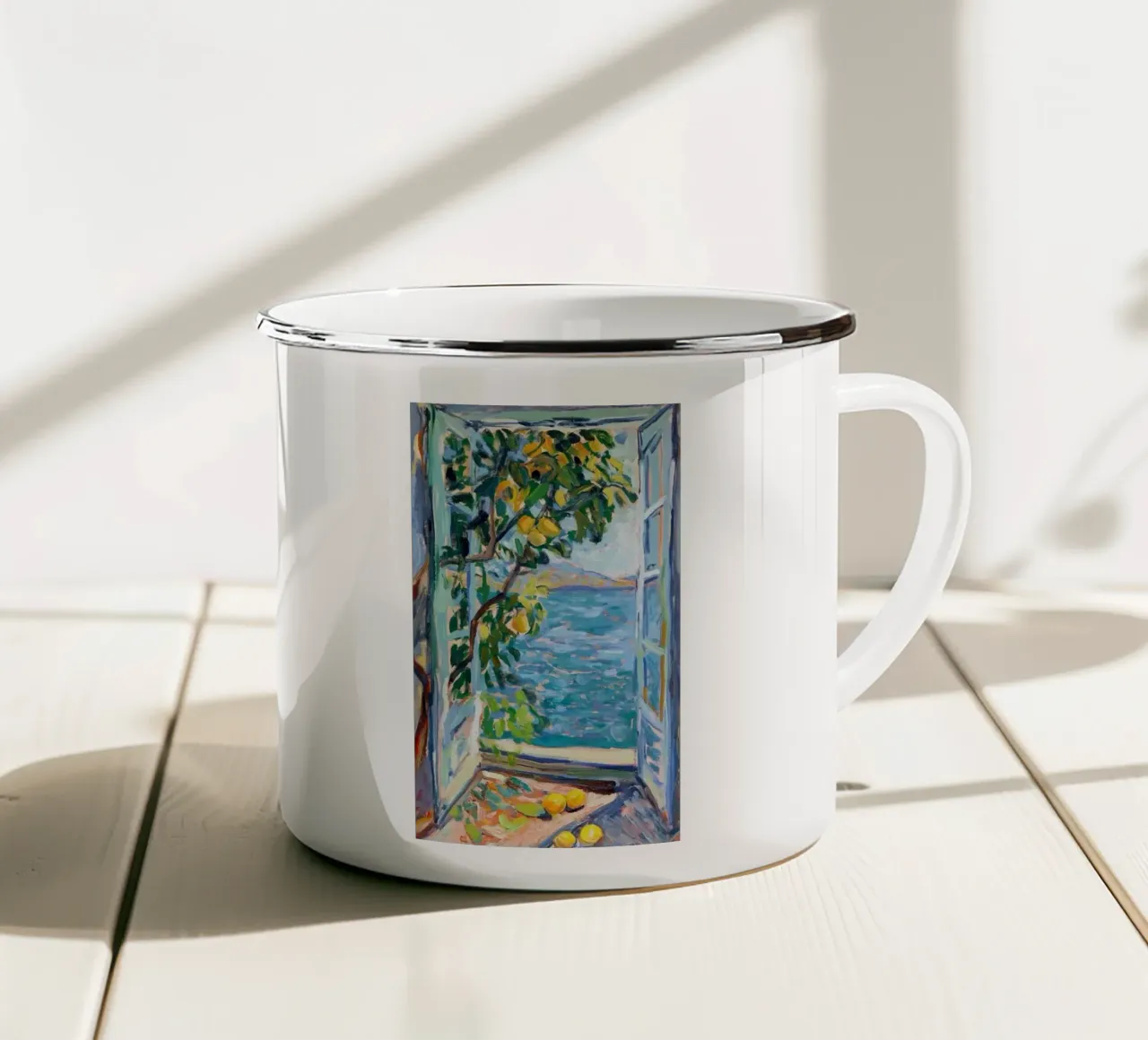 lemons falling on the window enamel mug by gudikan store