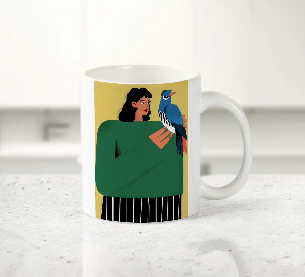 Donna con uccello azzurro tazza in ceramica da Flock Reverie