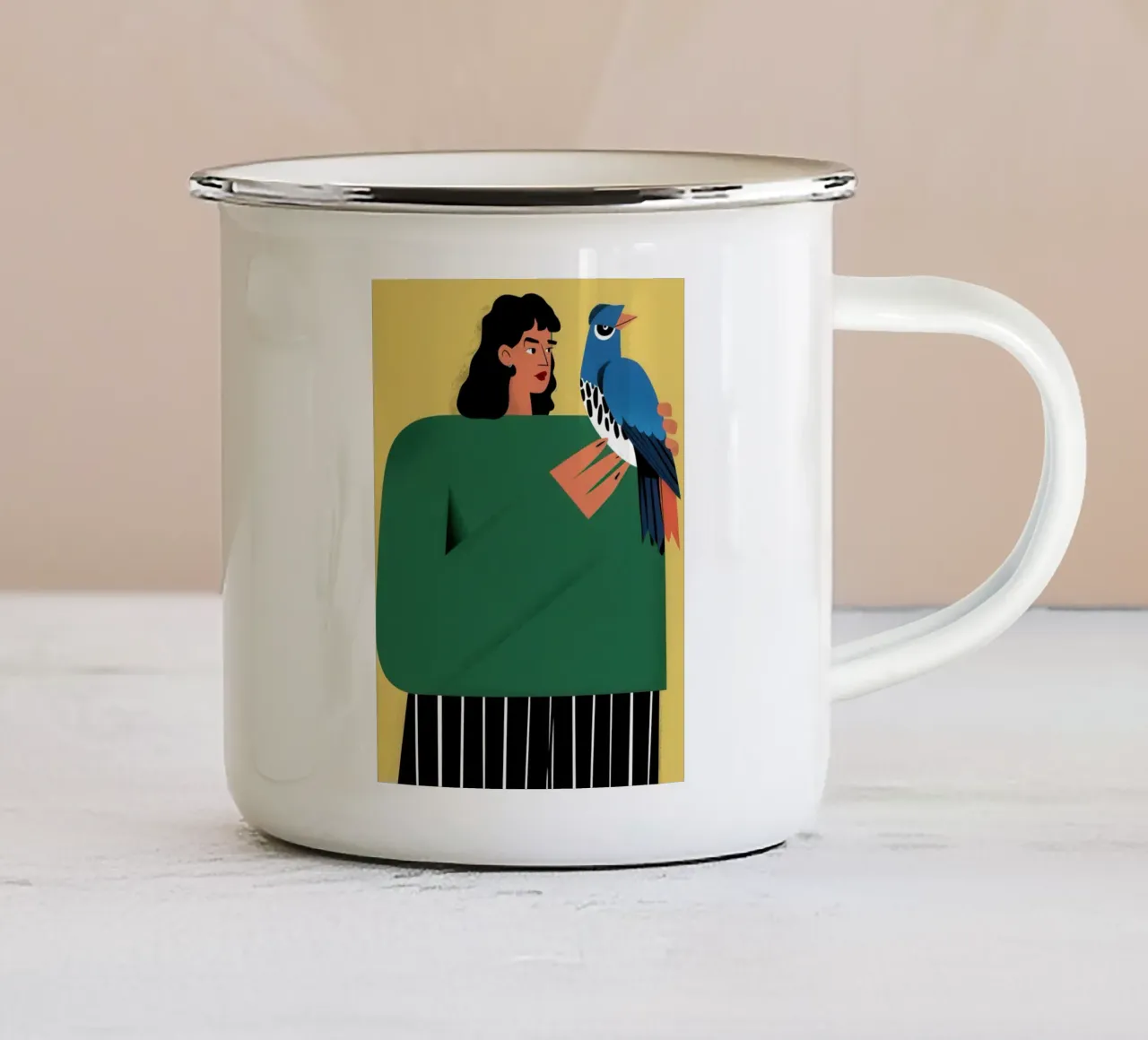 Donna con uccello azzurro tazza in smalto da Flock Reverie