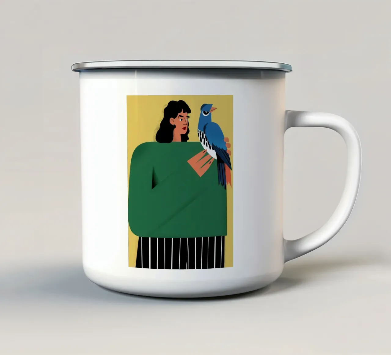 Donna con uccello azzurro tazza in smalto da Flock Reverie