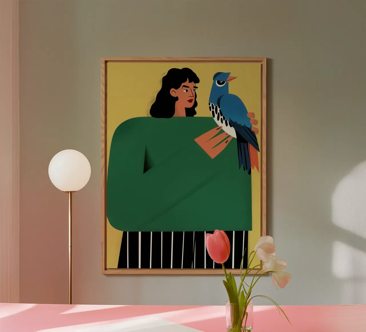 Donna con uccello azzurro alluminio dibond da Flock Reverie