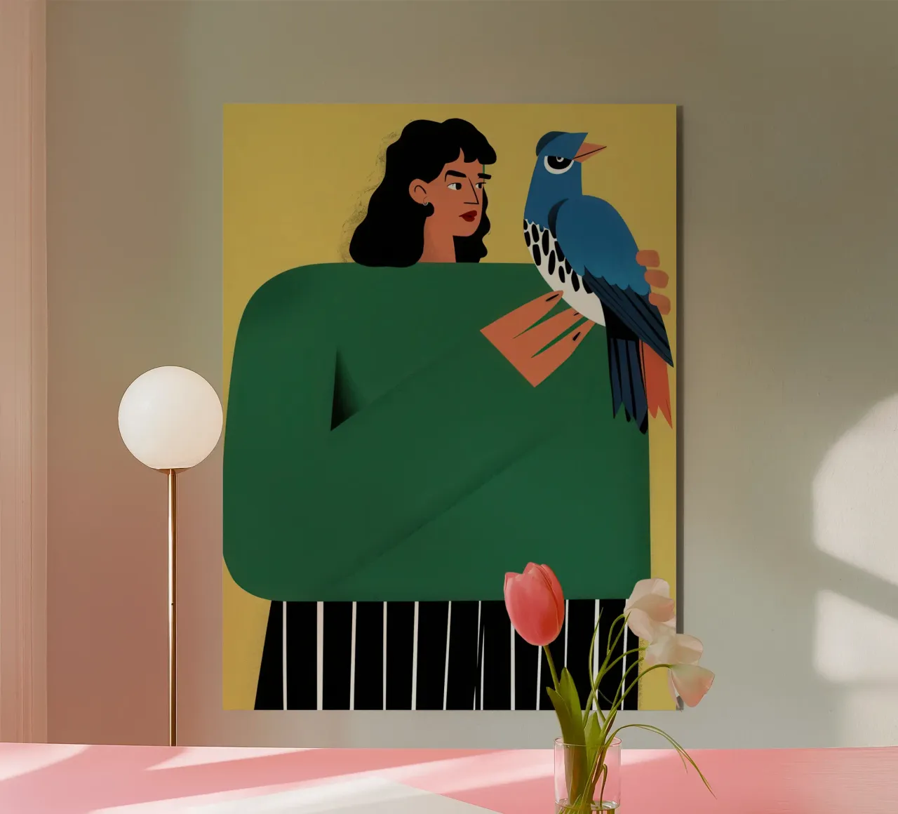Donna con uccello azzurro alluminio dibond da Flock Reverie