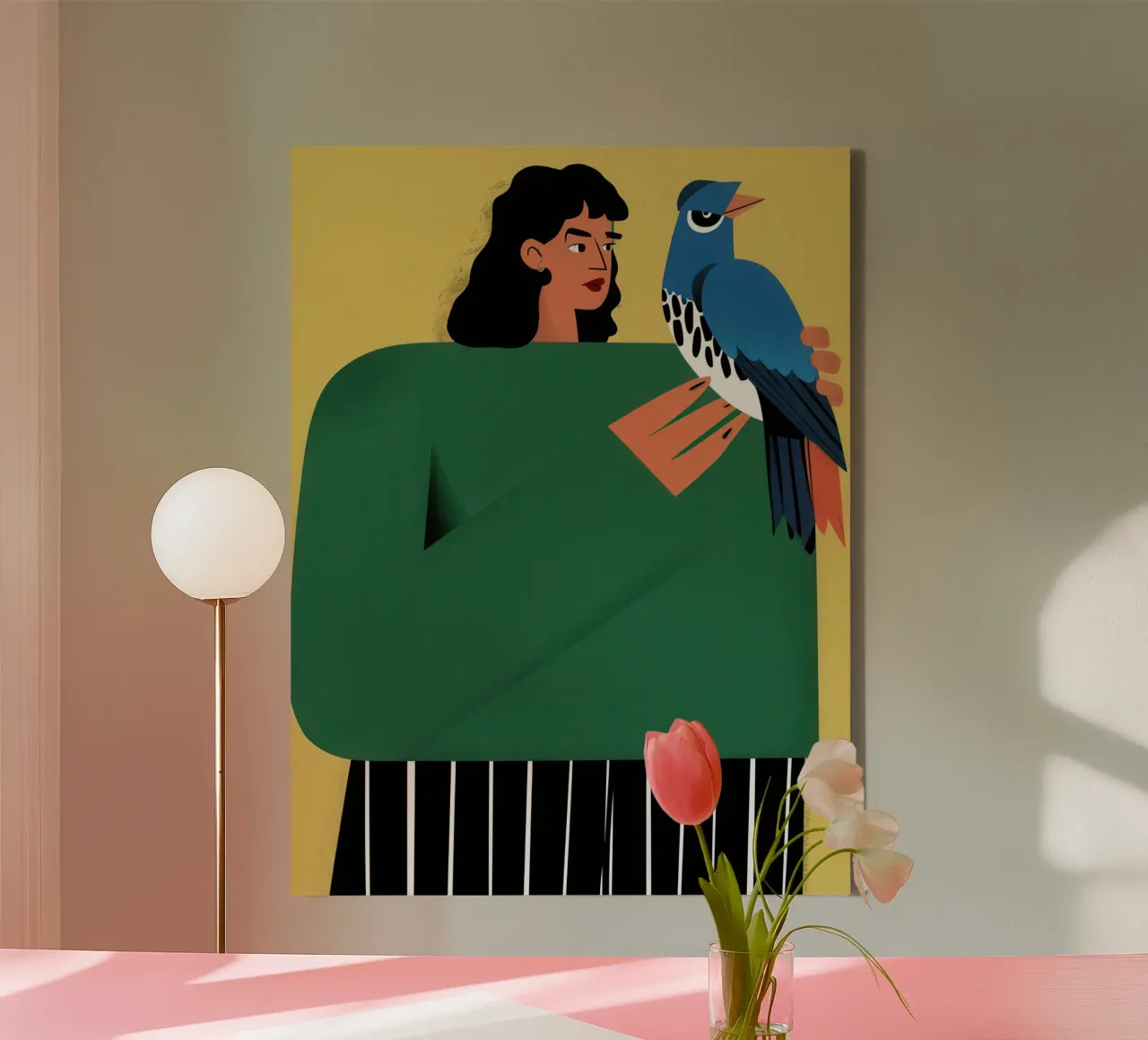 Woman with a Bluebird canvas by Flock Reverie