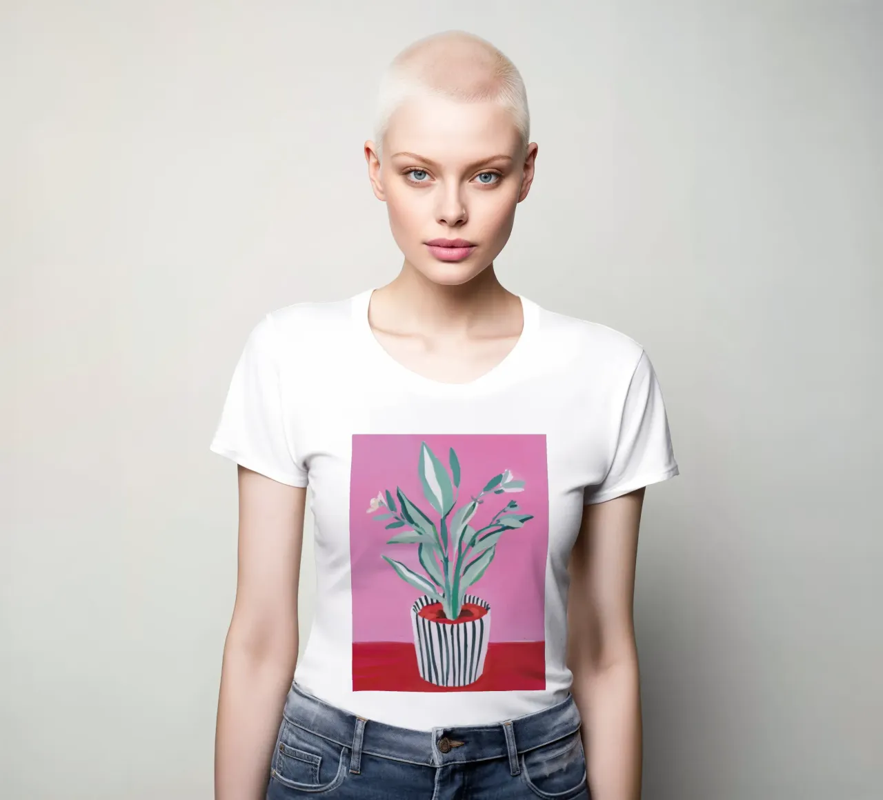 Fiori rosa in vaso a righe t-shirt da donna da Flock Reverie