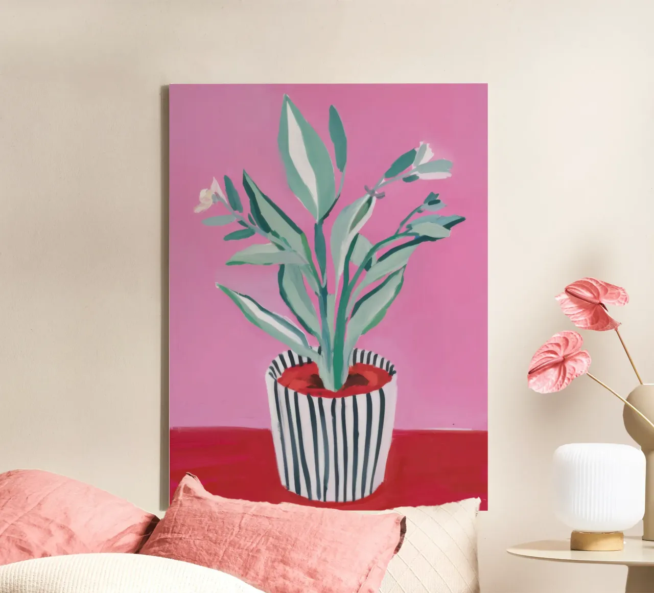 Fleurs roses dans un pot rayé toile de Flock Reverie