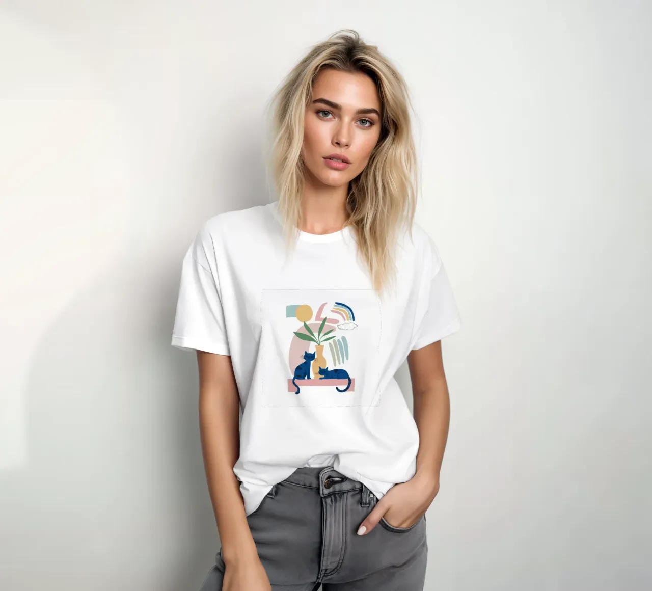Gatto sotto l'arcobaleno t-shirt da Flock Reverie