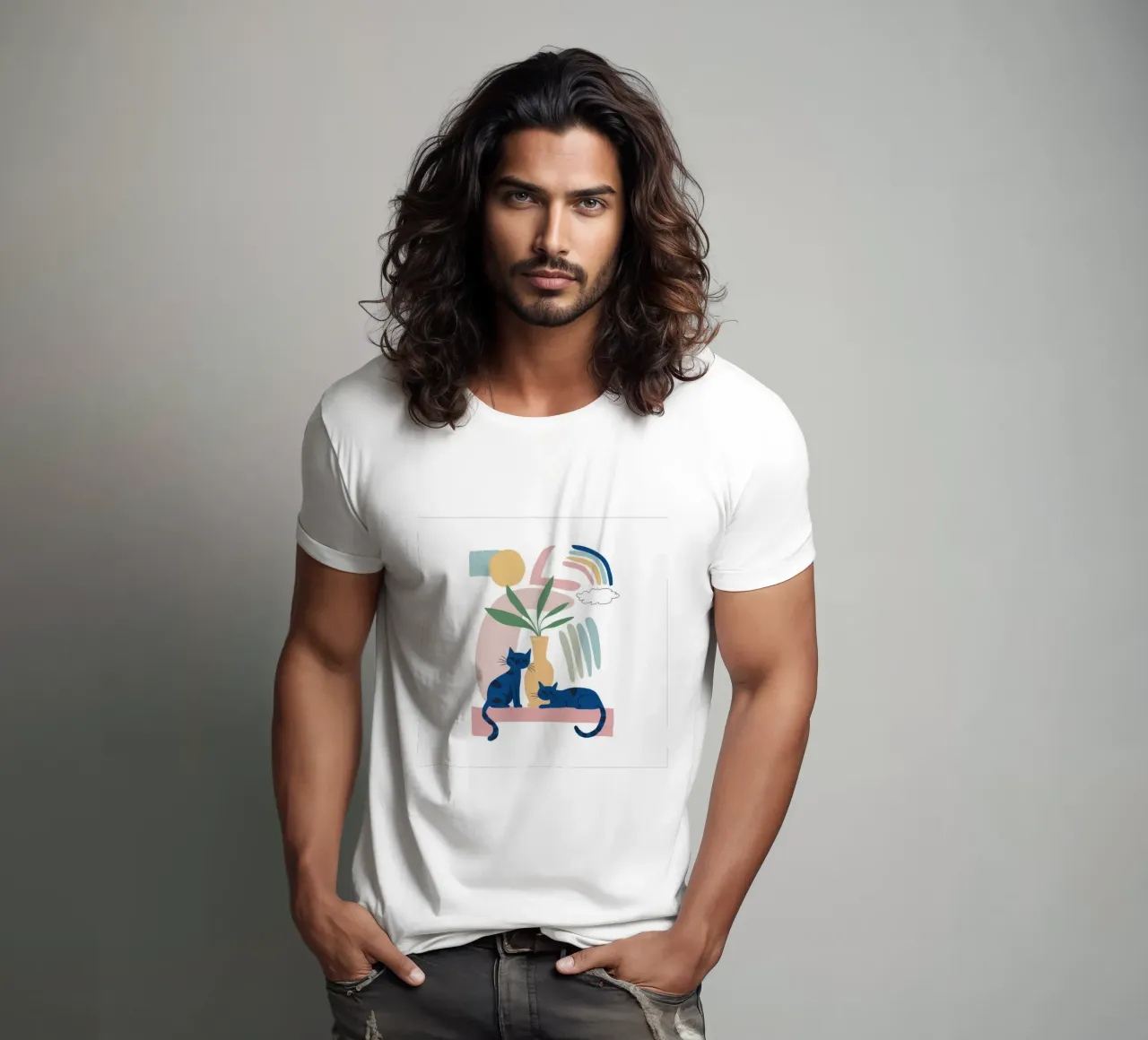 Gatto sotto l'arcobaleno t-shirt da Flock Reverie