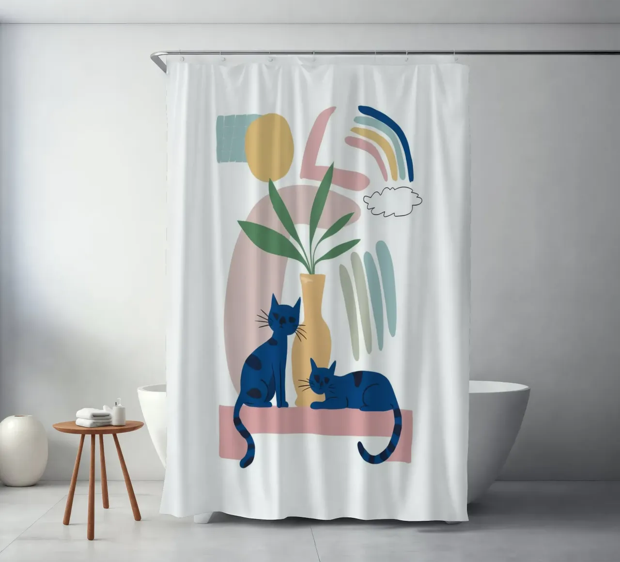 Cat Under a Rainbow shower curtain by Flock Reverie