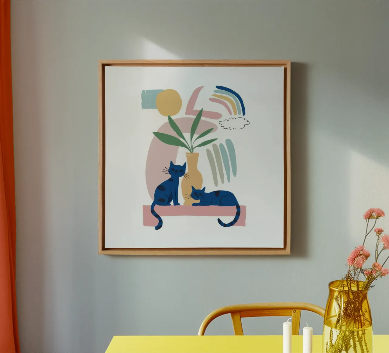 Cat Under a Rainbow canvas with Floater frame by Flock Reverie