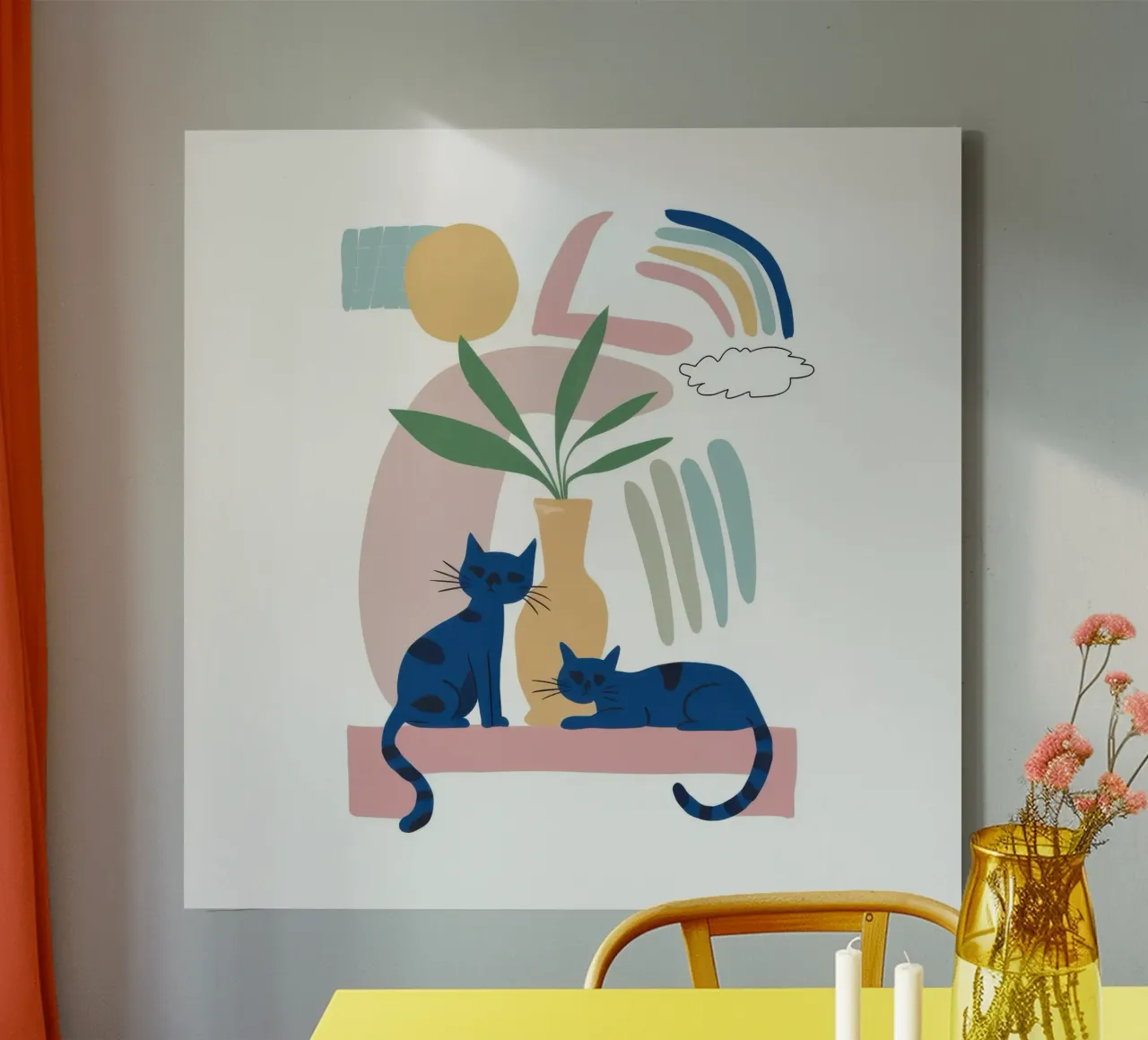 Cat Under a Rainbow canvas with Floater frame by Flock Reverie