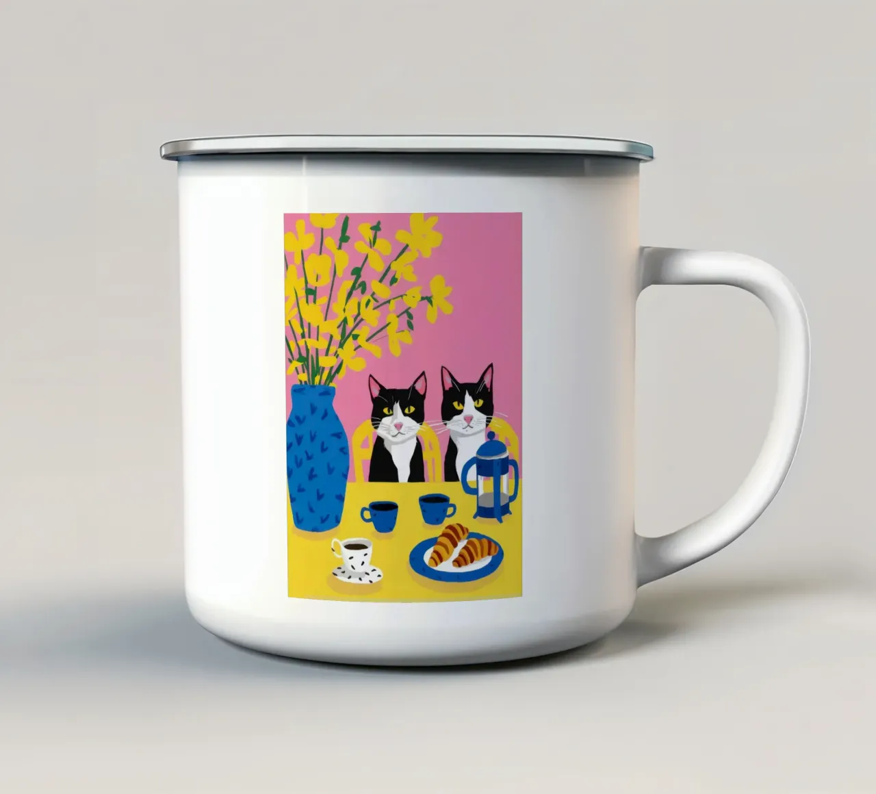 Colazione con i gatti tazza in smalto da Flock Reverie