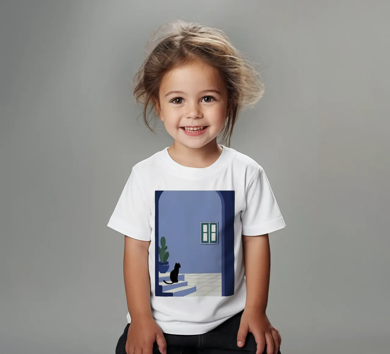 Courtyard Cat Contemplation kids t-shirt by Flock Reverie